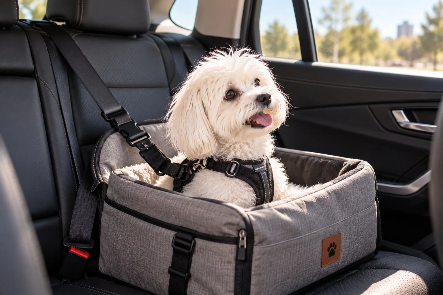 Perro pequeño sujeto de forma segura en un asiento de coche