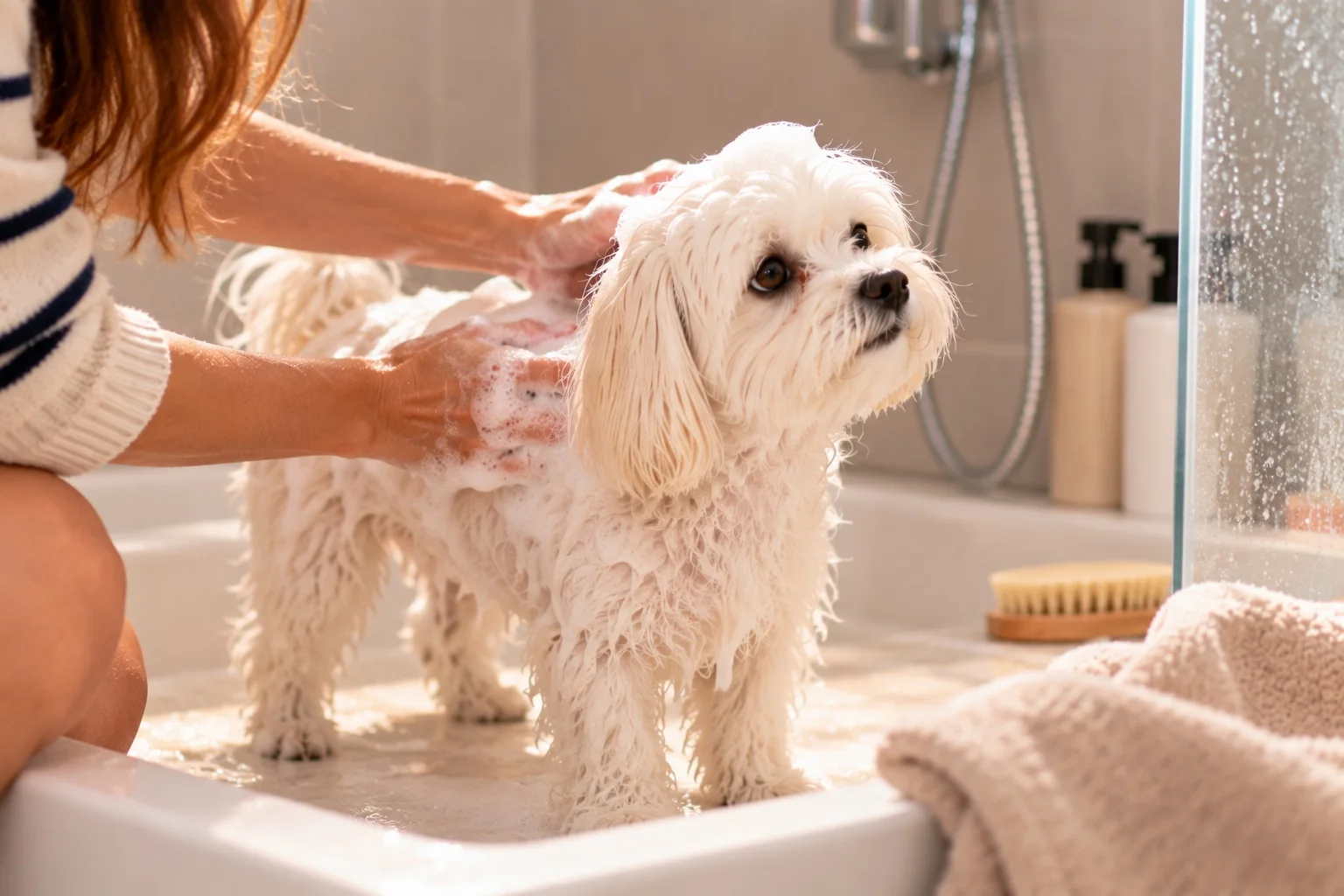 Escena editorial de baño de un perro pequeño blanco