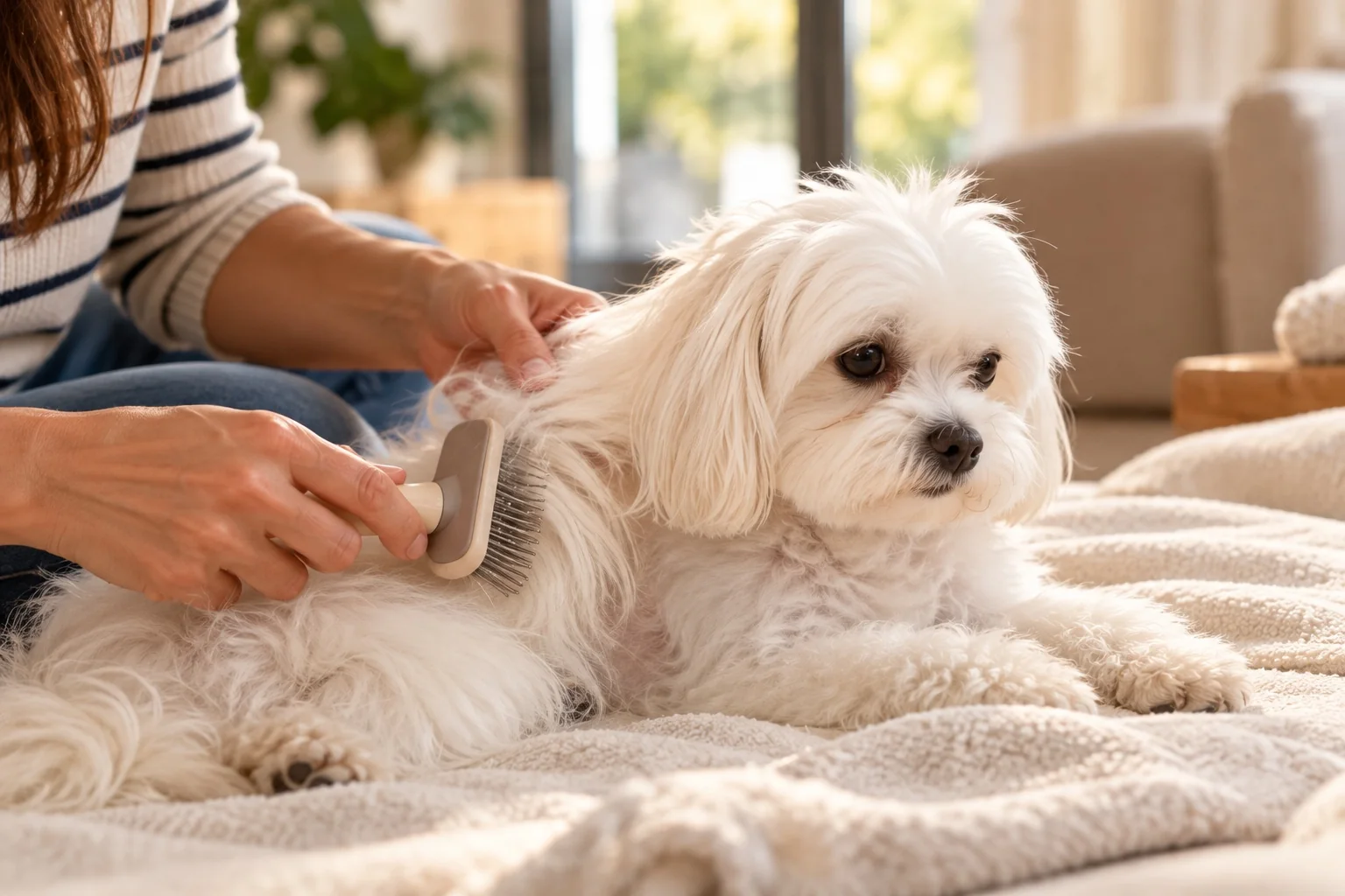 Perro pequeño blanco durante una sesión de cepillado