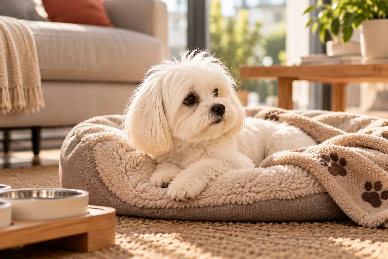 Perro pequeño descansando en una cama cálida en casa