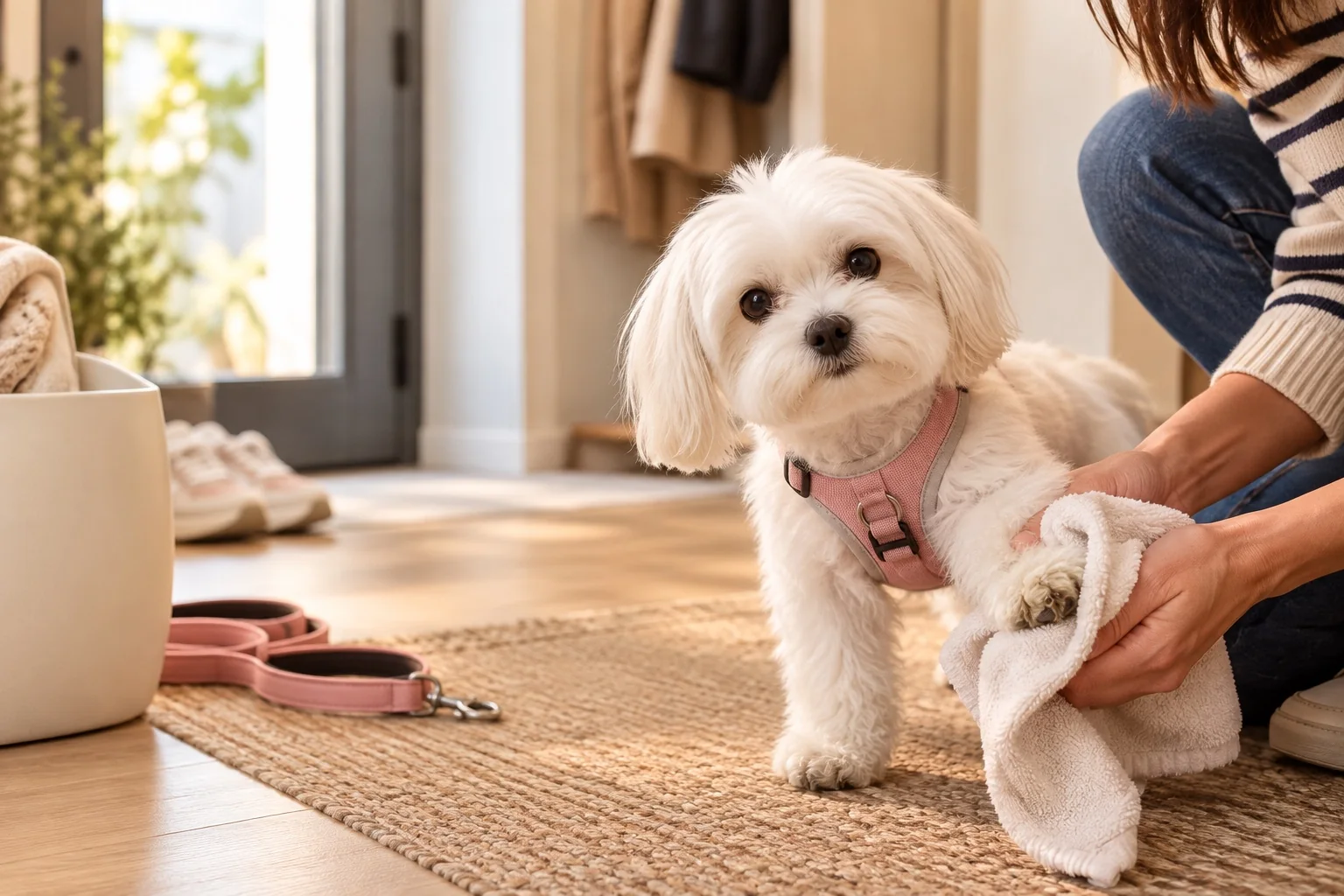 Escena editorial de higiene de patas para un perro pequeño
