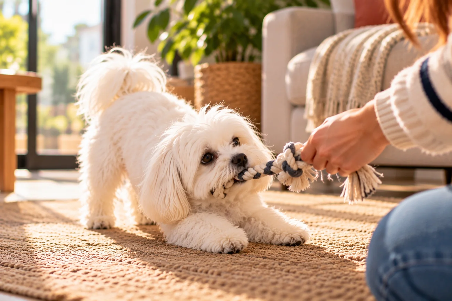 Perro pequeño jugando con una cuerda en casa