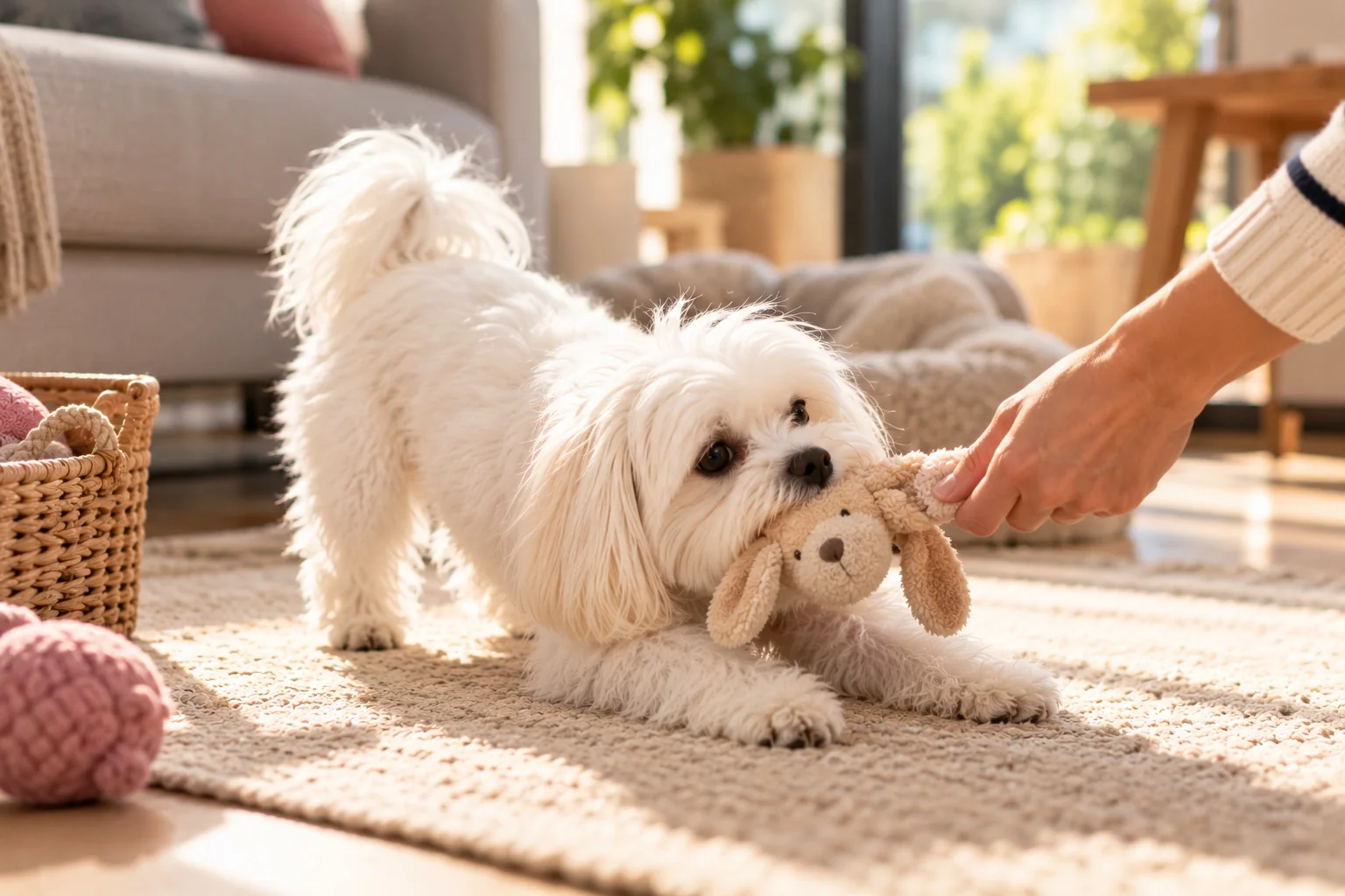 Perro pequeño jugando con un peluche en casa
