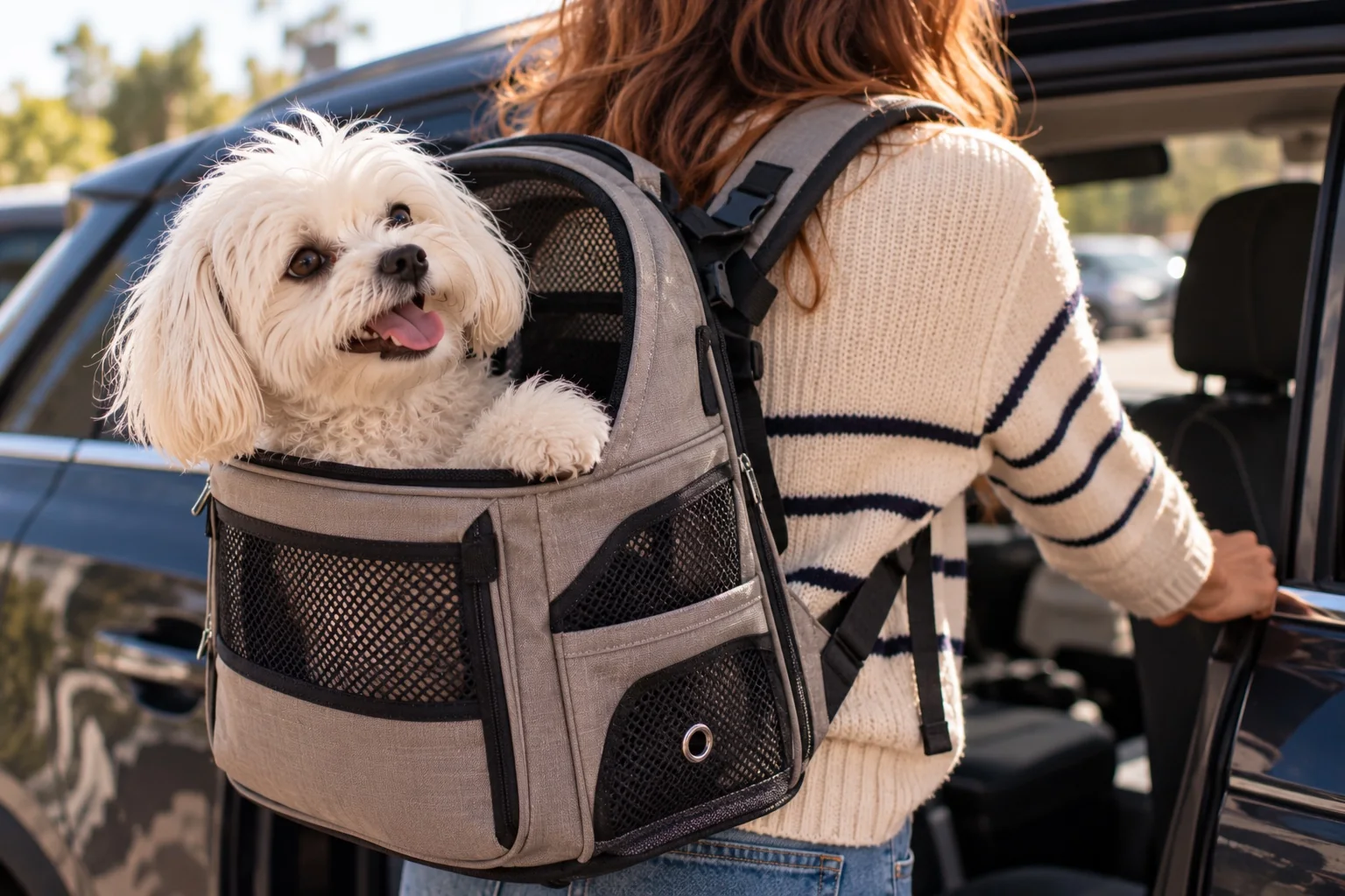 Escena editorial con perro pequeño en mochila transportadora