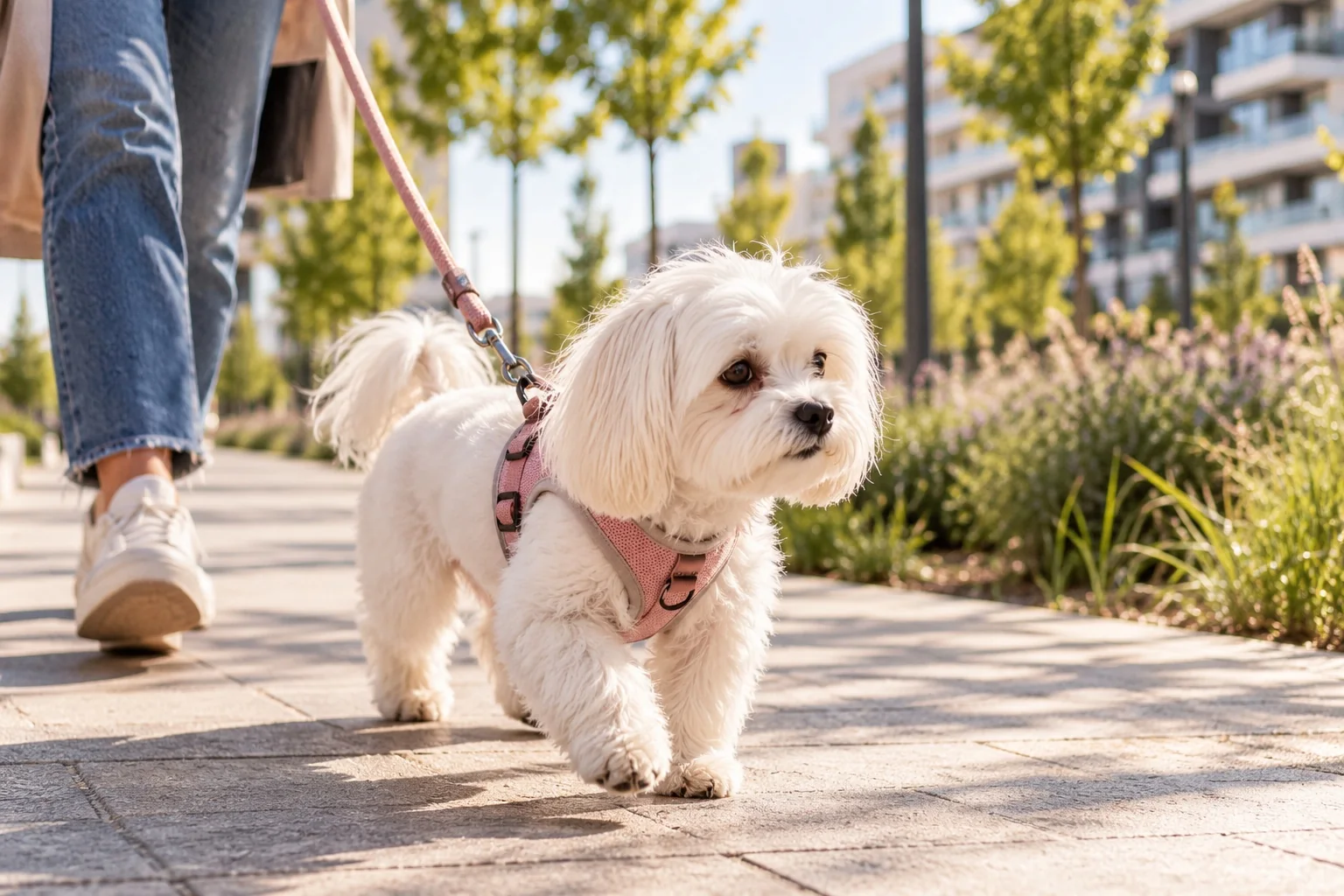 Perro pequeño paseando con arnés en un entorno urbano tranquilo