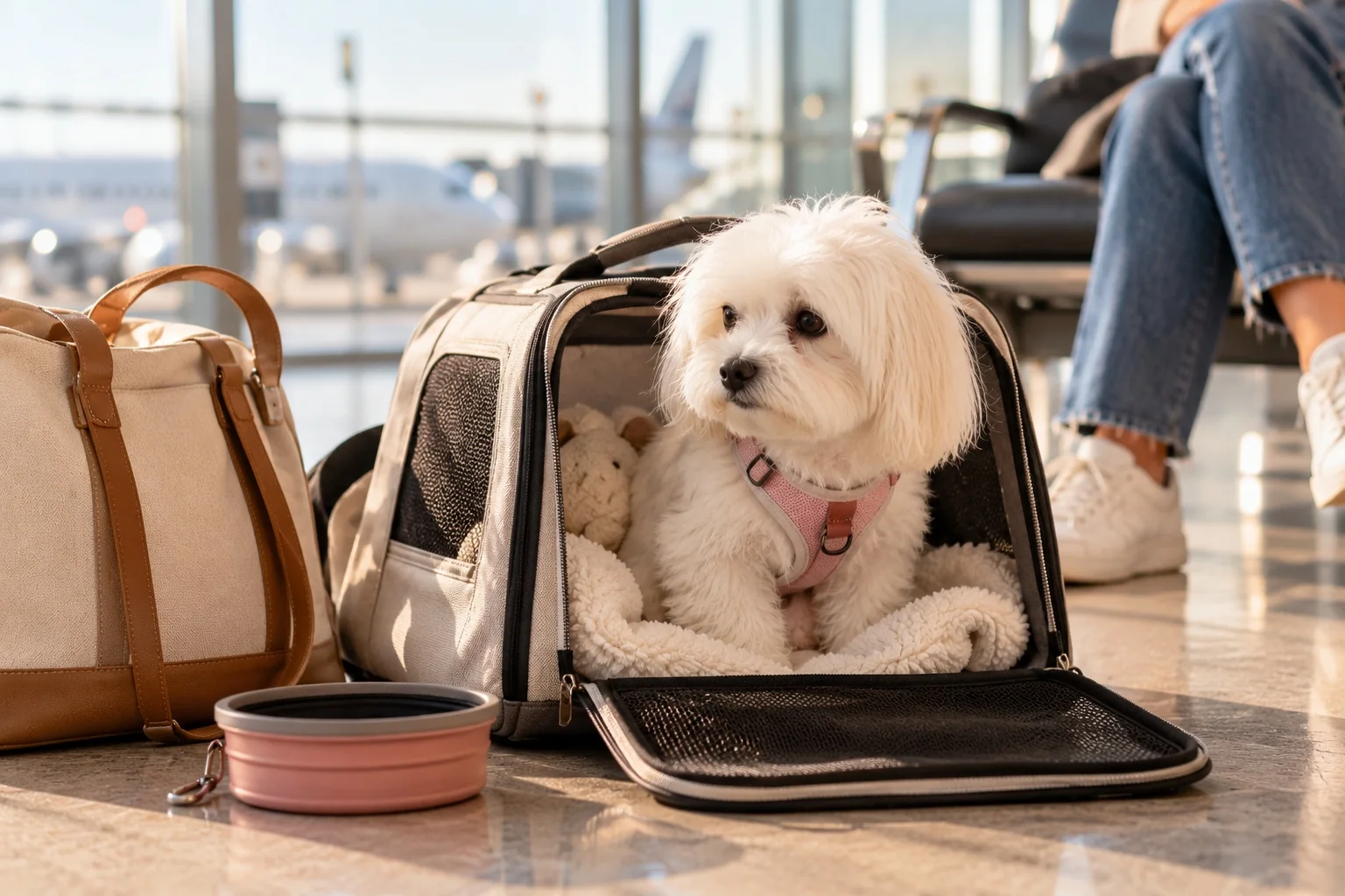 Perro pequeño en un transportín preparado para viajar